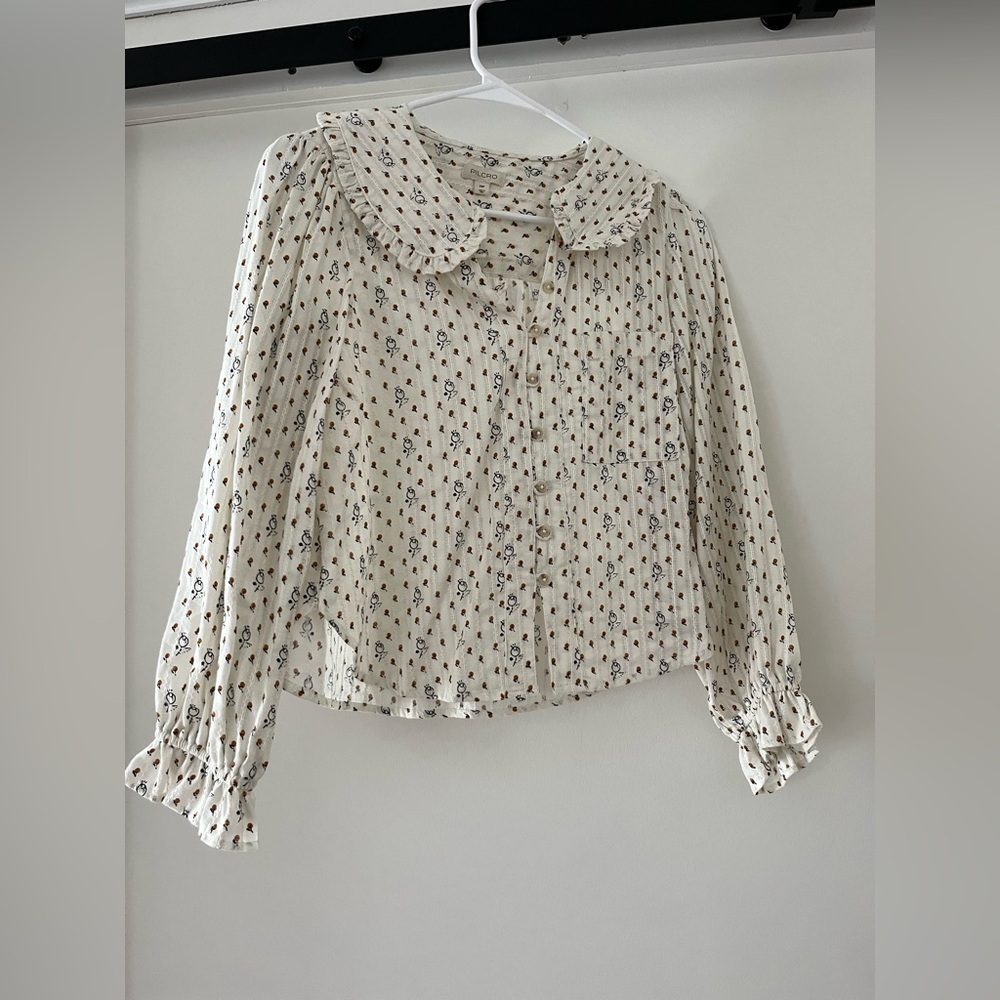 Pilcro Cream Floral Blouse with Ruffled Sleeves